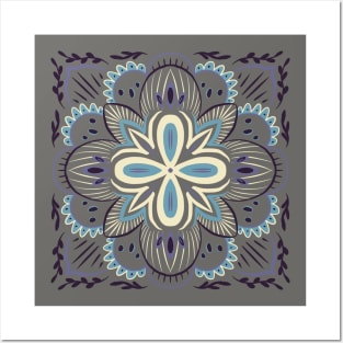 Dreamy Blue Mandala Floral Pattern Posters and Art